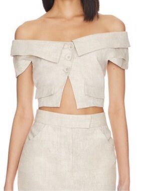 L’Academie Off-Shoulder Linen Crop Top